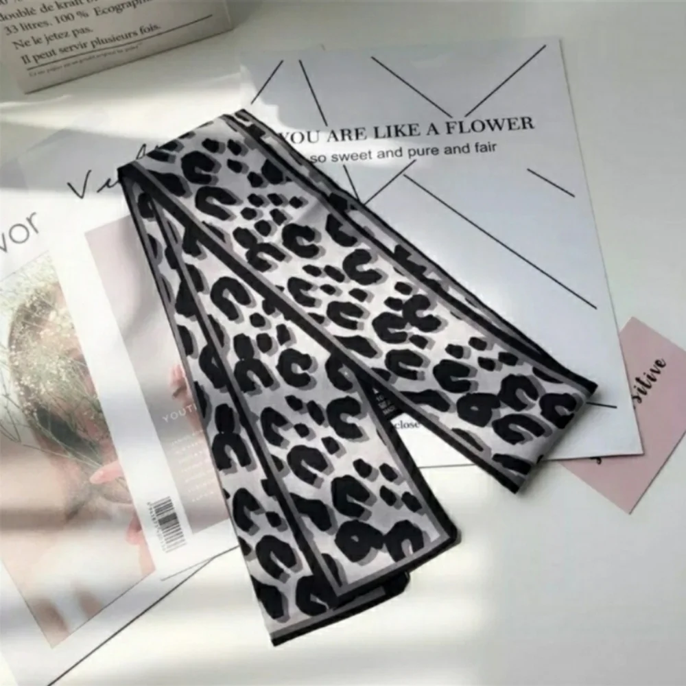 Silver Leopard print Silk Skinny Scarf Twilly